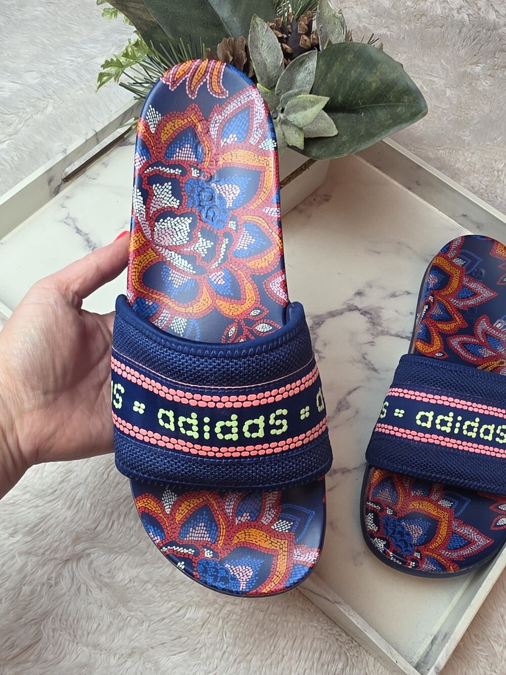 ADIDAS x FARM RIO Adilette Comfort Slide Sandal Mystery Blue/Hi-Res Yellow Sz 10 - Picture 3 of 12